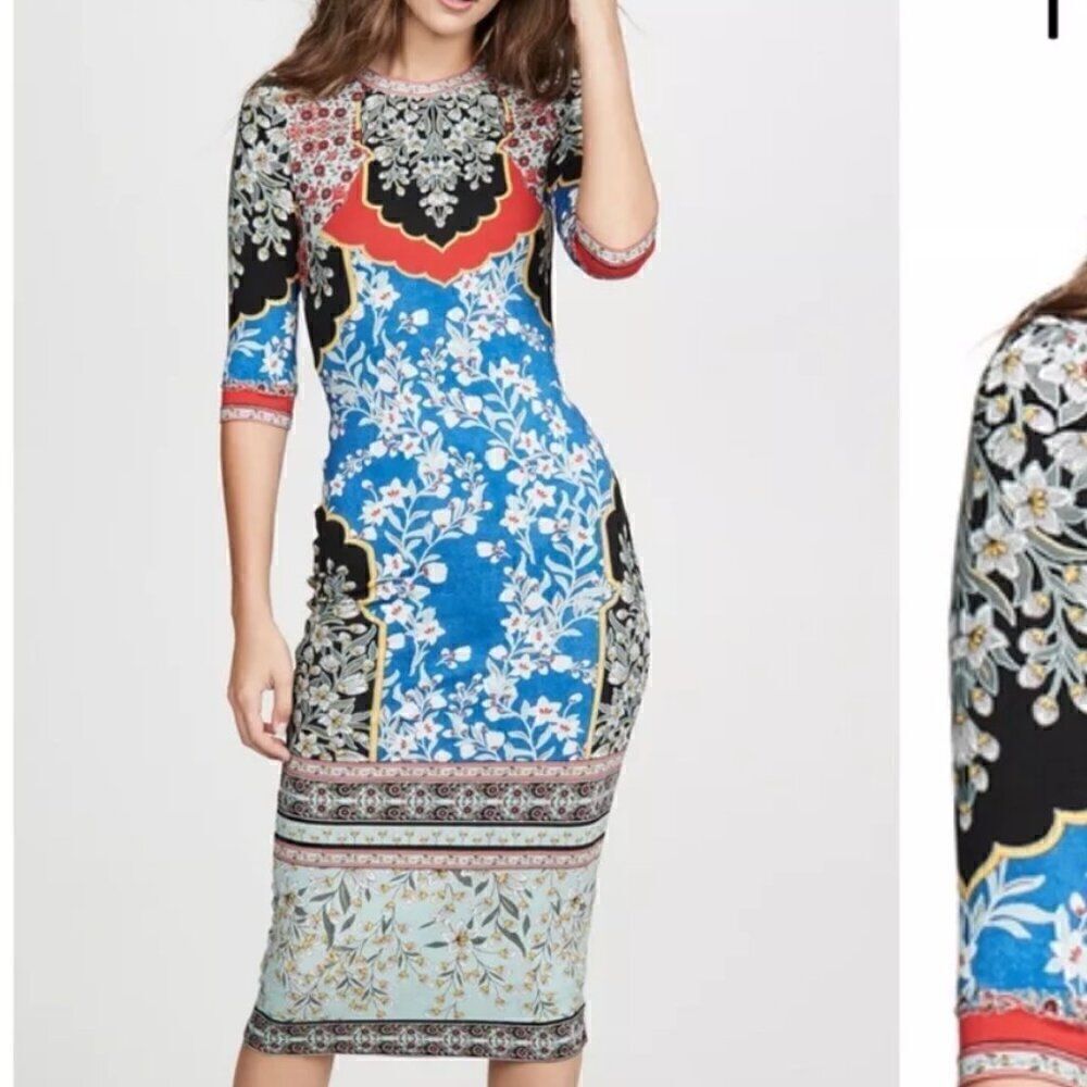 Alice and Olivia Delora Floral Midi Sheath Dress Size 2 Colorful Mosaic Stretch